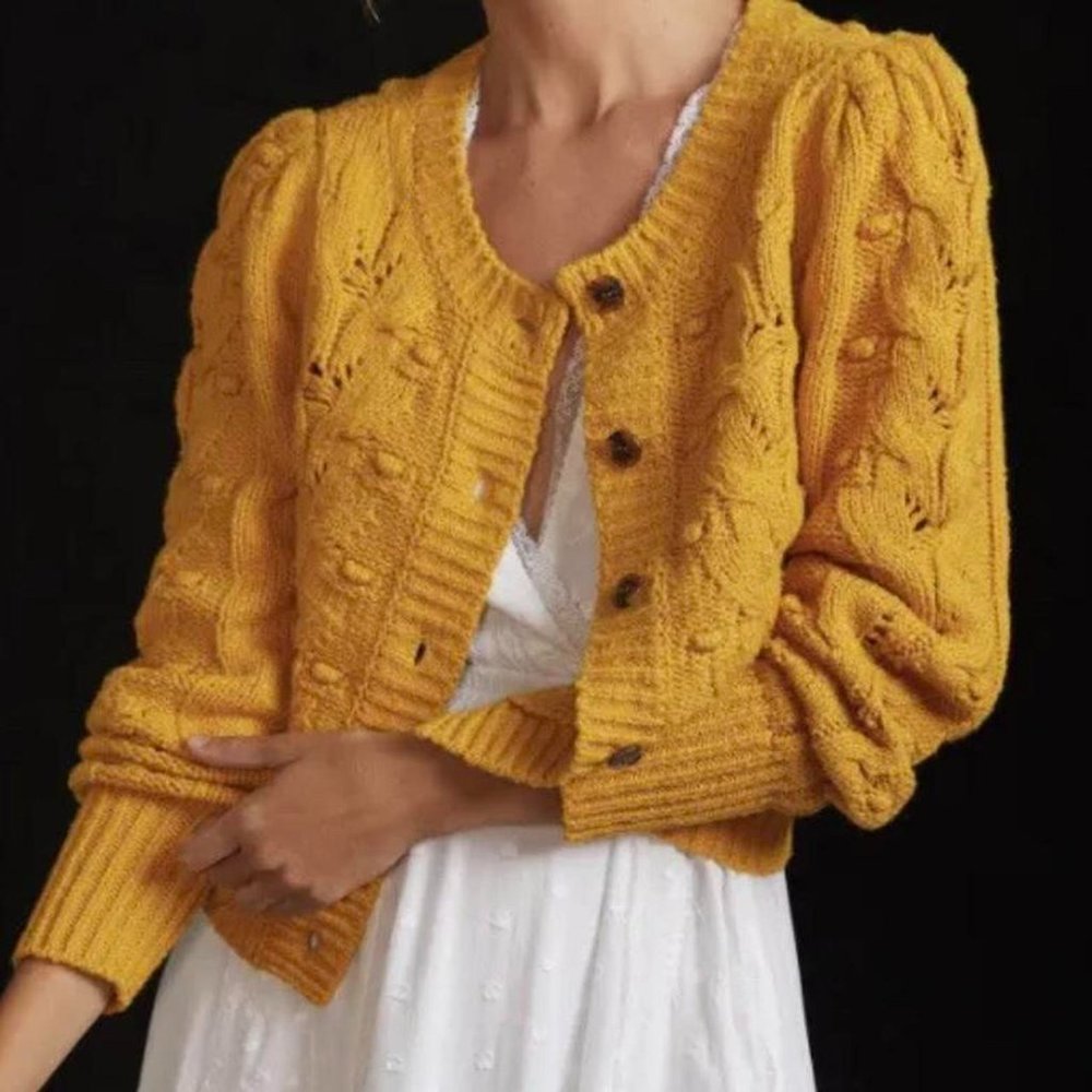 Anthropologie Maeve Cable-knit Puff Sleeve Cardigan Gold Size XS